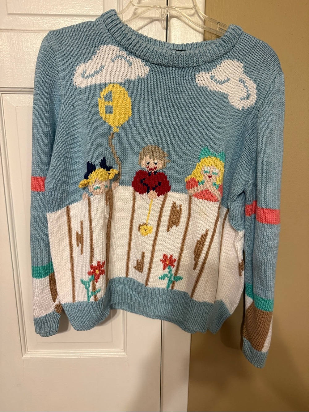 Vintage BEREK “Neighborhood Kids Looking Over Fence” Hand Knit Sweater Sz S
